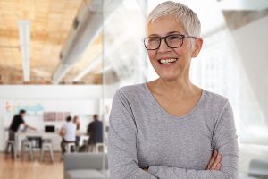 happy woman in office
